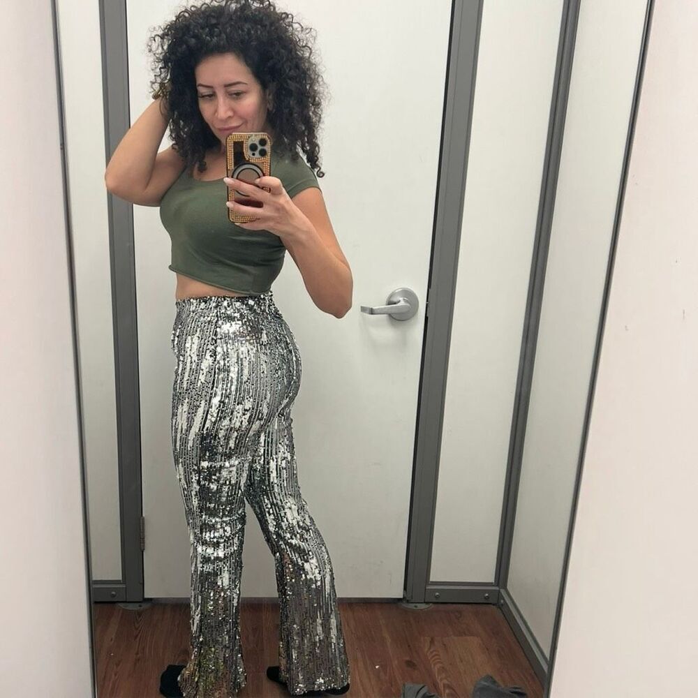 Disco pants full sequin pants silver mirror sequined bootcut flared dress pants